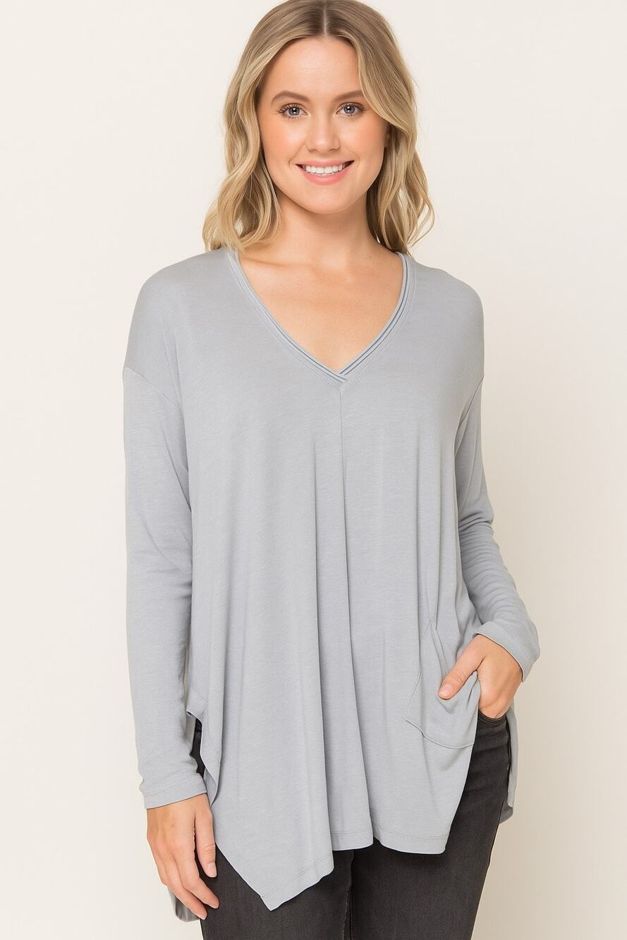 Wrap London V Neck Grey Top Long Sleeve Shirt Pocket Casual SIZE 6 Tencel Linen